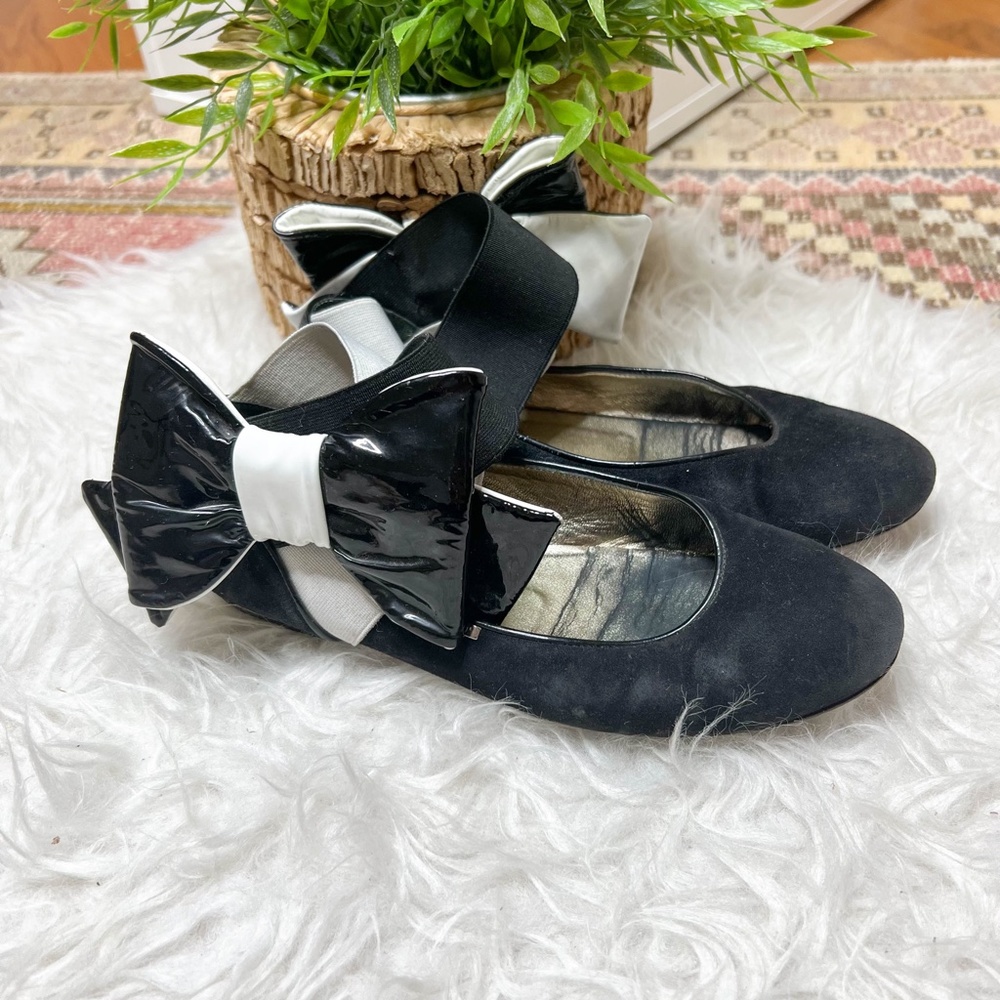 Loriblu | Black White Patent Leather Bow Elastic Slingback Ballerina Shoes